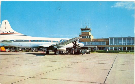 United Airlines airplane at Bendix Field, South Bend Indiana color photo postcard