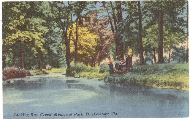 Licking Run Creek, Memorial Park, Quakertown, PA color postcard