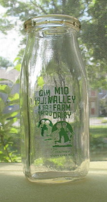 Mid Valley Farm Dairy half pint green pyro milk bottle