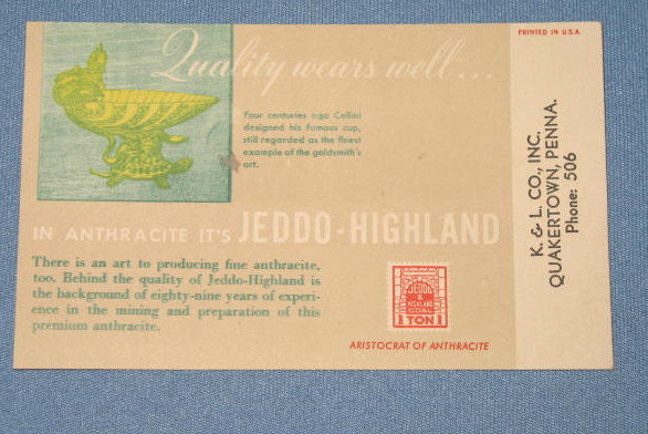 Jeddo-Highland anthracite coal ink blotter stamped K & L Co., Quakertown PA