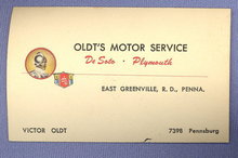 Oldt's Motor Service - De Soto and Plymouth - East Greenville PA business card