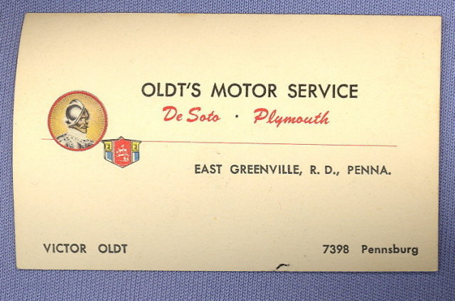 Oldt's Motor Service - De Soto and Plymouth - East Greenville PA business card