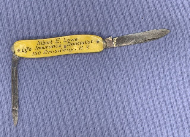 Albert E. Lowe Life Insurance Specialist, 120 Broadway, N.Y. advertising pen knife