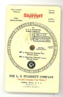 Starrett Tap size pocket chart
