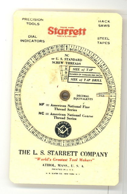 Starrett Tap size pocket chart