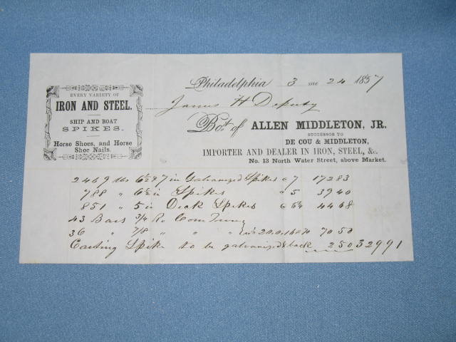 Billhead from Allen Middleton, Jr. Iron and Steel, No. 13 North Walter Street, Philadelphia