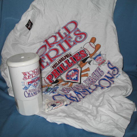 1993 Philadelphia Phillies World Series commemorative plastic mug and tee-shirt