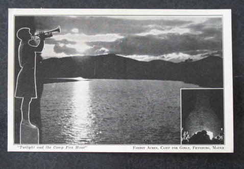 Twilight and the Camp Fire Hour, Forest Acres, Camp for Girls, Fryeburg ME postcard