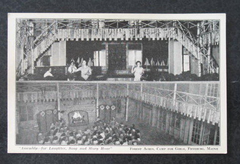 Assembly - For Laughter, Song and Story Hour, Forest Acres, Camp for Girls, Fryeburg ME postcard