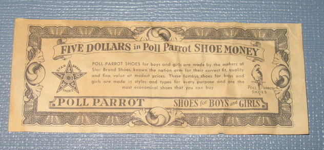 Five Dollars in Poll Parrot Shoe Money bill