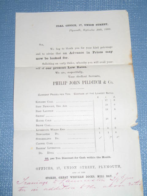 Philip John Pilditch, 17 Union Street, Plymouth, England billhead
