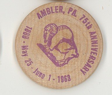 Ambler PA 75th Anniverary wooden nickel (purple)