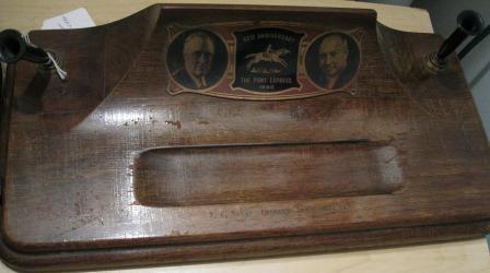 1940 Wooden Pen Holder/Desk set celebrating the 80th anniversary of the Pony Express featuring Franklin D. Roosevelt and James Farley