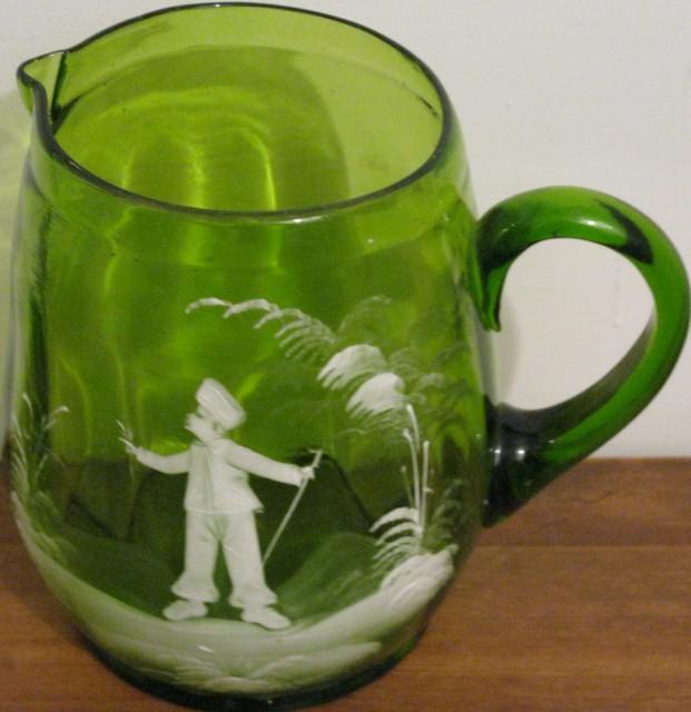 Early Mary Gregory Green Blown Glass Pitcher
