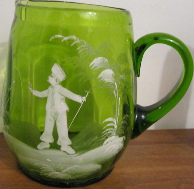 Early Mary Gregory Green Blown Glass Pitcher