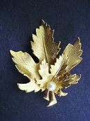 Double Golden Leaf Brooch by Giovanni Pearl Pin Broach Gift Holiday