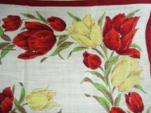 Antique Handkerchief - Burgundy and Yellow Tulips