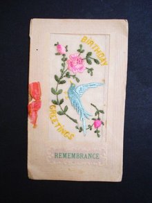 Silk Embroidery Postcard - 1918 - Birthday Greetings - Remembrance