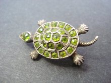 Victorian Figural Brooch Jeweled Turtle - Peridot Stones on Sterling Silver