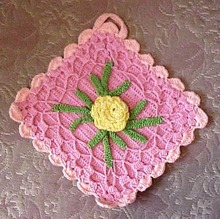 Pretty Vintage Colorful Pot Holder, Raised Rose