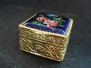Tiny Enamel Pill Box - Square - Floral design - Gold Tone