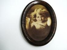 Antique Picture Cupid - Angel - Oval Shape - Framed