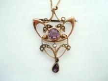 Victorian Gold Pendant and Chain - Amethyst stones - Tiny Seed Pearls