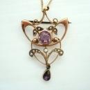 Victorian Gold Pendant and Chain - Amethyst stones - Tiny Seed Pearls