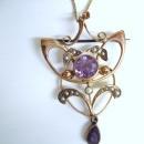 Victorian Gold Pendant and Chain - Amethyst stones - Tiny Seed Pearls