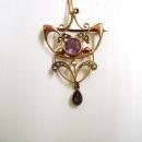 Victorian Gold Pendant and Chain - Amethyst stones - Tiny Seed Pearls