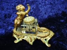 French Antique Inkwell - Bronze, Brass and Enamel - Crystal Ink Bottle