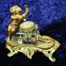 French Antique Inkwell - Bronze, Brass and Enamel - Crystal Ink Bottle