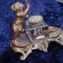 French Antique Inkwell - Bronze, Brass and Enamel - Crystal Ink Bottle