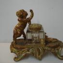 French Antique Inkwell - Bronze, Brass and Enamel - Crystal Ink Bottle
