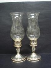 Antique Sterling Silver Candlesticks Etched Glass Chimneys Pair International Sterling