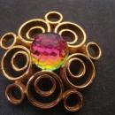 Antique Brooch - Gold tone - Round Crystal - Faceted - Colorful - Art Deco - Unsigned