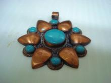 Beautiful Vintage Copper Pendant Copper and Turquoise Color Stones Signed