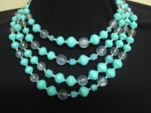 Special Vintage 4 Strand Necklace Turquoise and Clear Color Beads Lucite Beads