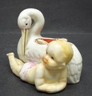 RARE ANTIQUE PIN CUSHION - BABY & STORK