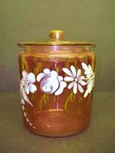 CRANBERRY GLASS BISCUIT BARREL HAND PAINTED