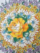 VINTAGE HANKIE - CIRCLE OF FLOWERS & YELLOW ROSE