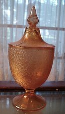 CARNIVAL GLASS CANDY DISH PEDESTAL LIDDED