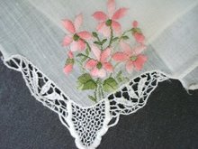 VINTAGE HANKIE - PINK FLORAL EMBROIDERY