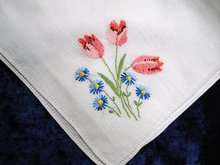 PETIT POINT EMBROIDERED HANKIE-RED TULIPS