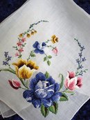 HANKIE-FINE EMBROIDERY-BLUE ROSE/TULIPS