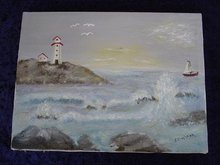 VINTAGE PAINTING ON CANVAS - LIGHTHOUSE- SEA &