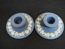 WEDGWOOD BLUE JASPERWARE CANDLE HOLDERS