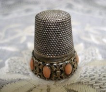 Antique Silver Thimble Coral Stones