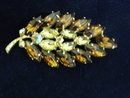 Rhinestone Leaf Broach Topaz/Citrine