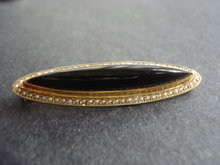 14k Gold Brooch Onyx and Seed Pearls
